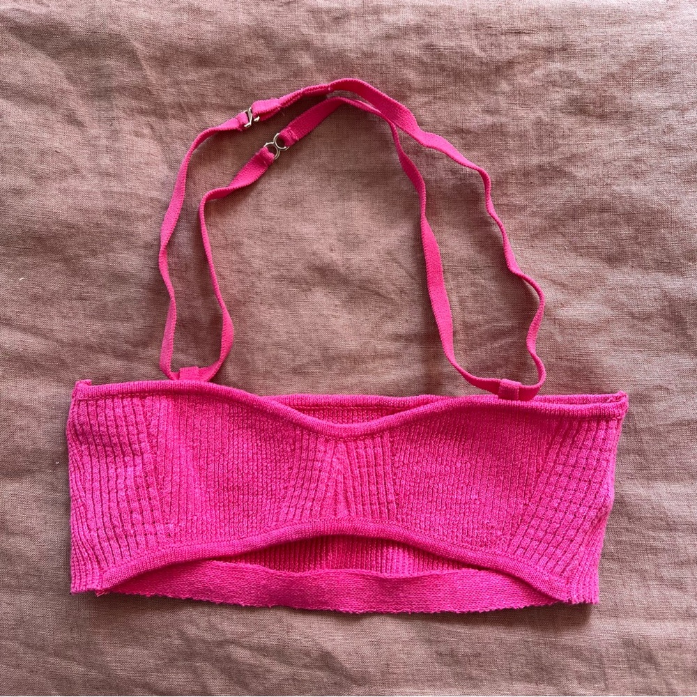 Hot pink Jacquemus Le Bandeau Beijo Linen Knit Crop Bra Top